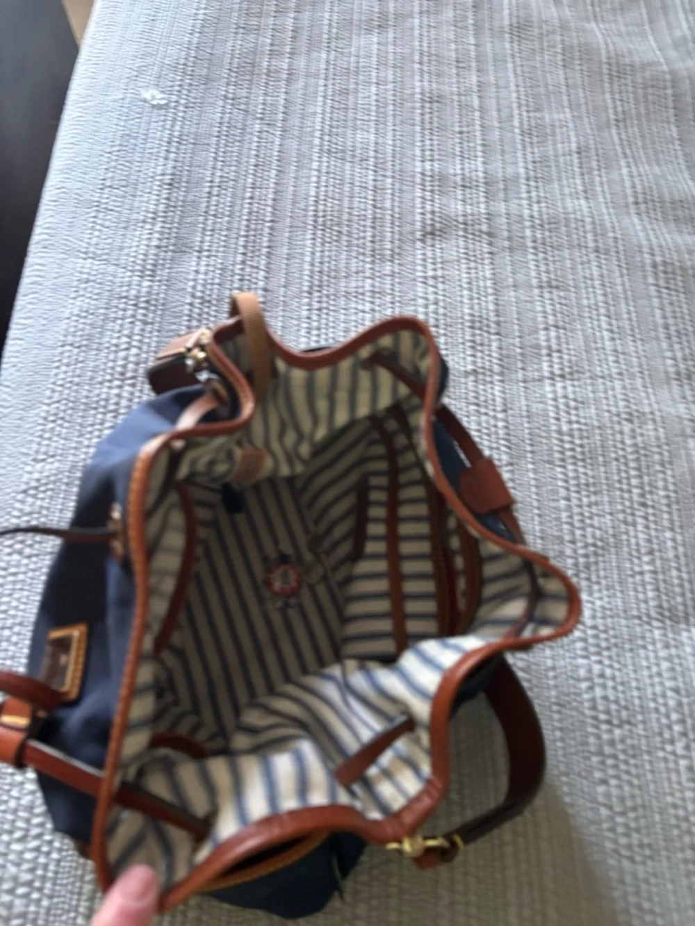 Dooney & Bourke Navy Nylon Bucket Bag with Brown Trim - Picture 2 of 3